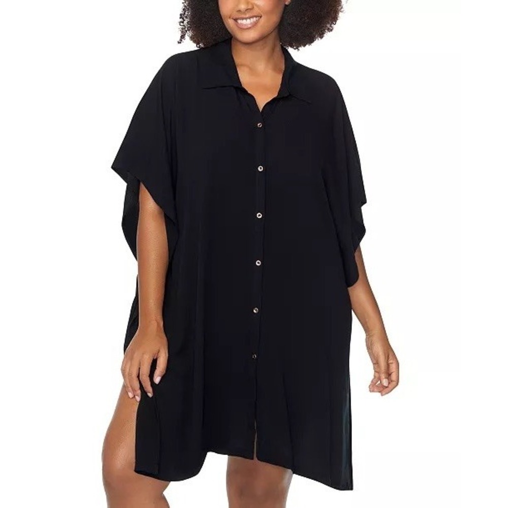 NWT Raisins Curve Vacay Button Up Women Black Swim Cover Up Shirt 1X $76